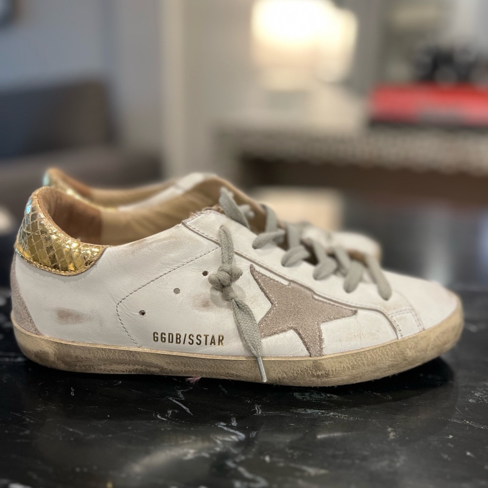 Golden Goose white and gold sneakers size 8